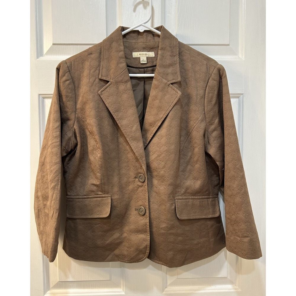 Merona Textured Cotton Cropped Blazer/Jacket Sz L Brown Two Button Closure Lined